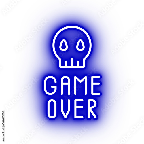 Neon blue game over icon, game over skull on transparent background