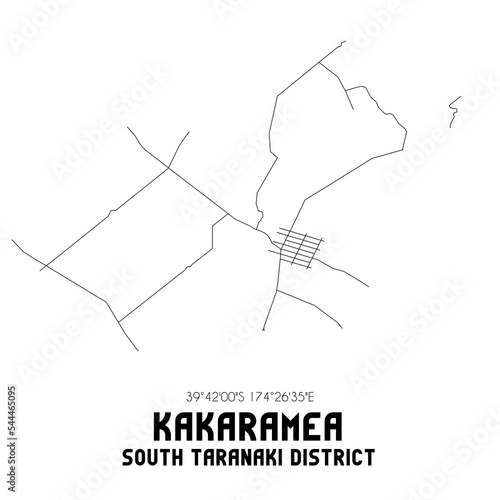 Kakaramea, South Taranaki District, New Zealand. Minimalistic road map with black and white lines