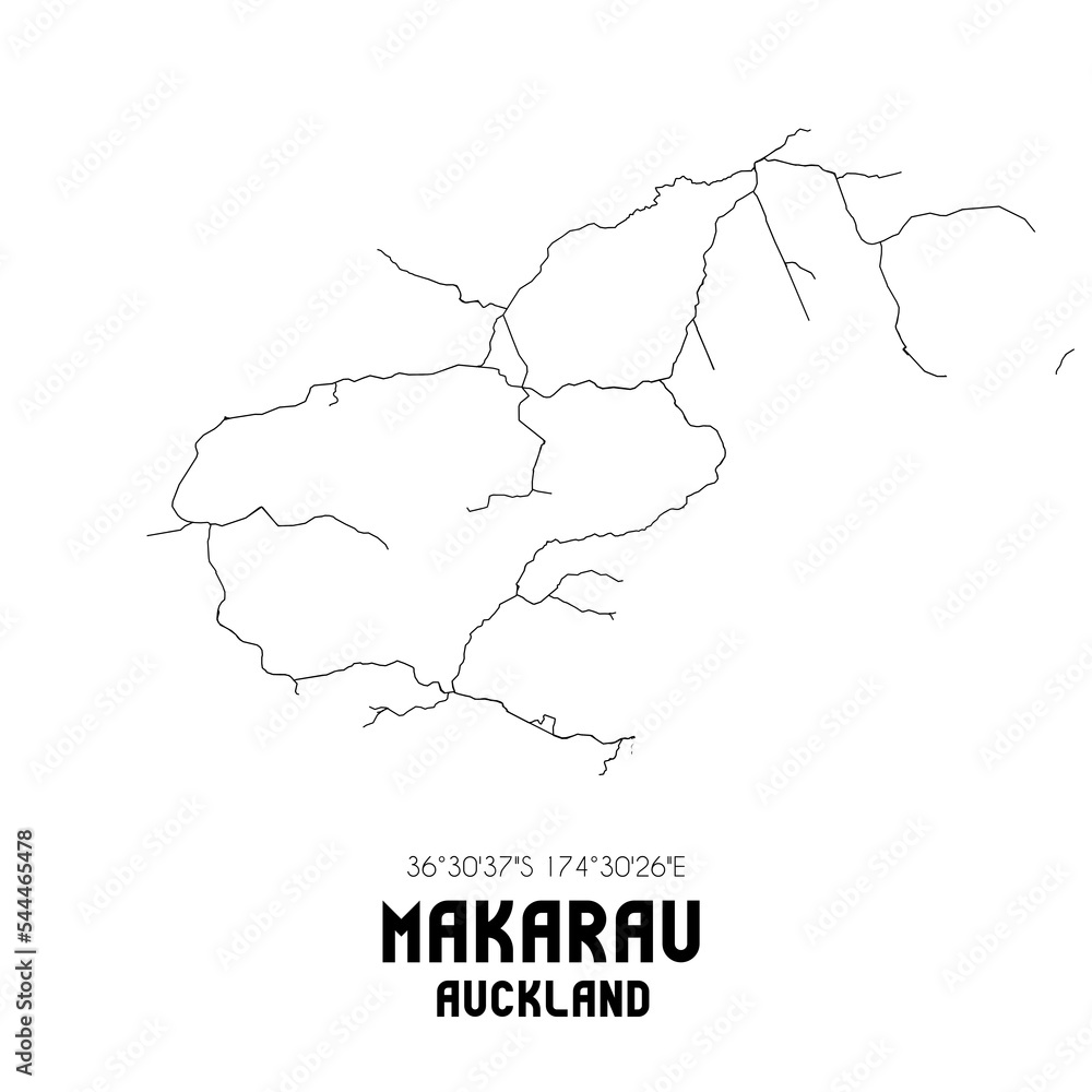 Makarau, Auckland, New Zealand. Minimalistic road map with black and white lines