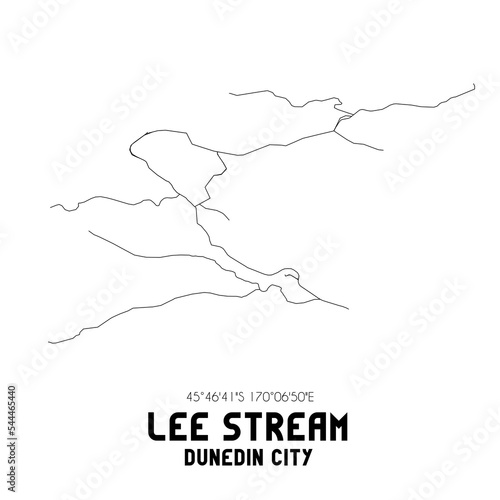 Lee Stream, Dunedin City, New Zealand. Minimalistic road map with black and white lines