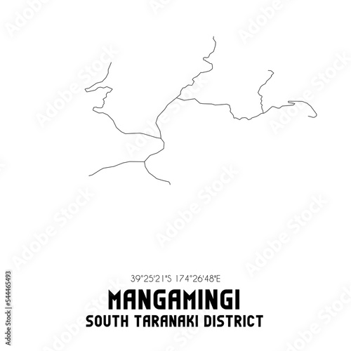 Mangamingi, South Taranaki District, New Zealand. Minimalistic road map with black and white lines