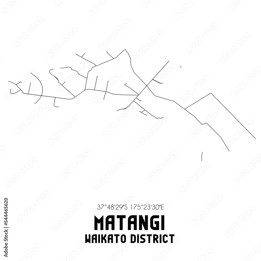 Matangi, Waikato District, New Zealand. Minimalistic road map with black and white lines