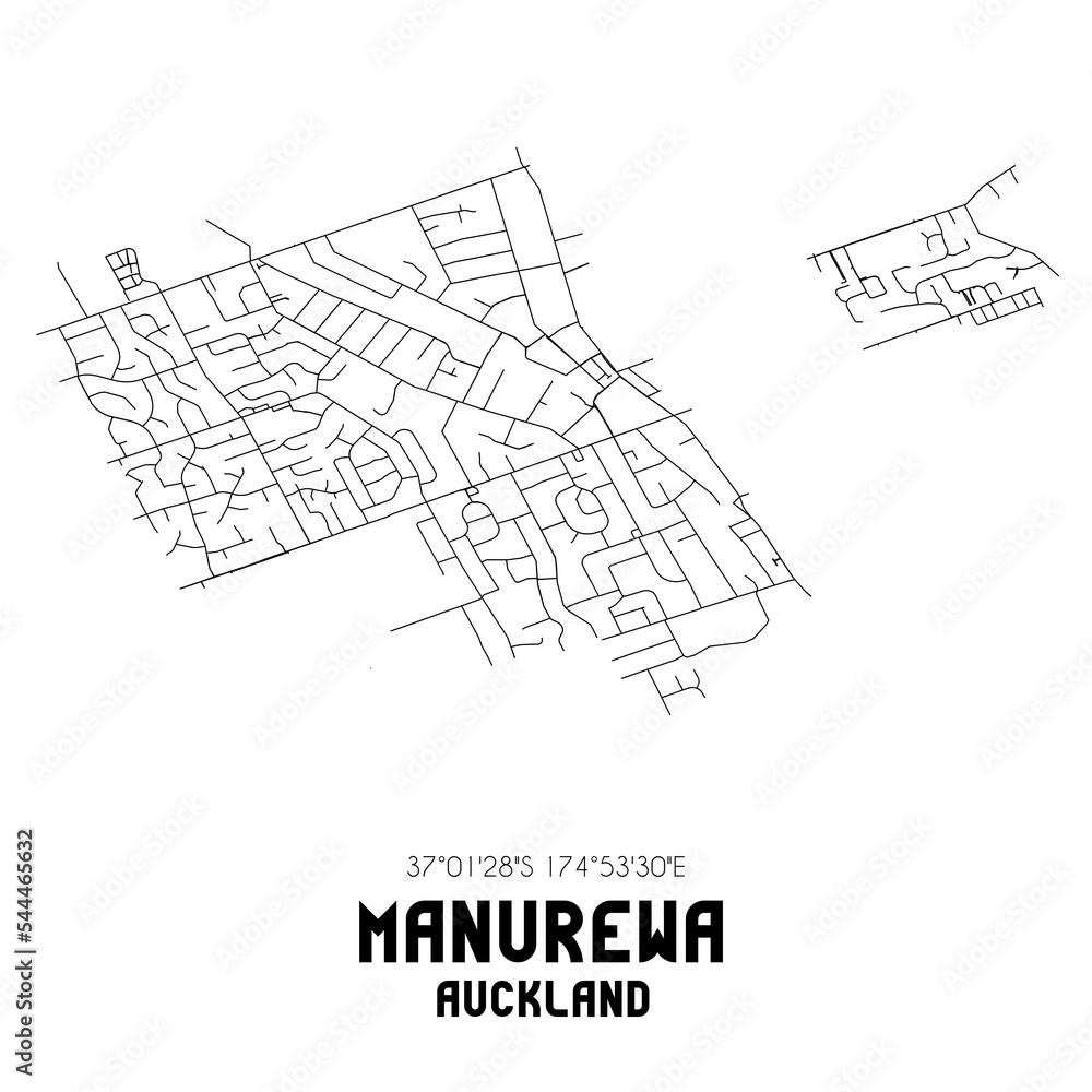 Manurewa, Auckland, New Zealand. Minimalistic road map with black and white lines