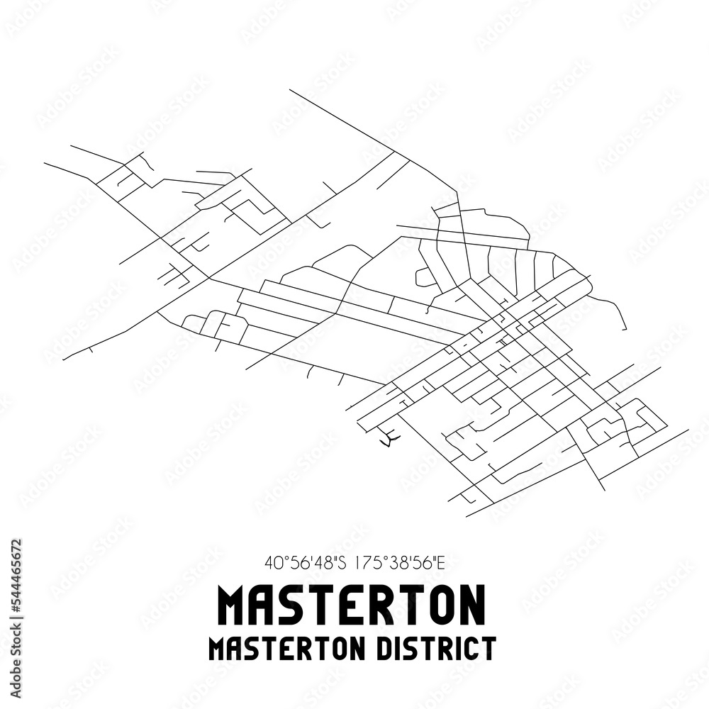 Masterton, Masterton District, New Zealand. Minimalistic road map with black and white lines