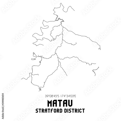 Matau, Stratford District, New Zealand. Minimalistic road map with black and white lines