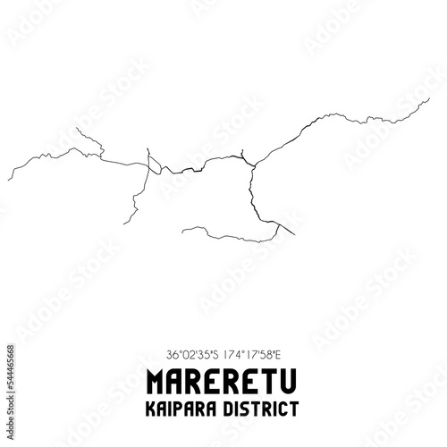 Mareretu  Kaipara District  New Zealand. Minimalistic road map with black and white lines