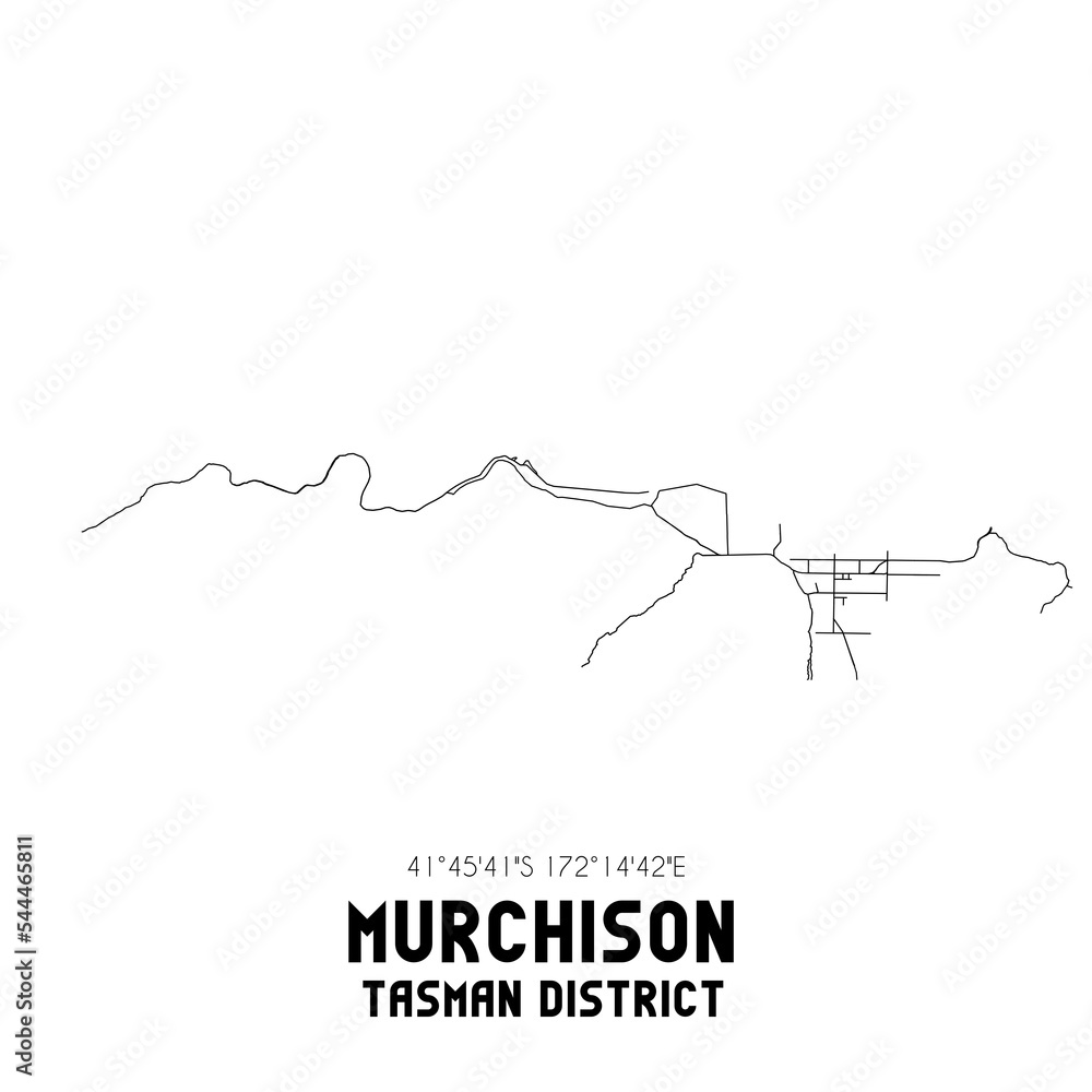 Murchison, Tasman District, New Zealand. Minimalistic road map with black and white lines