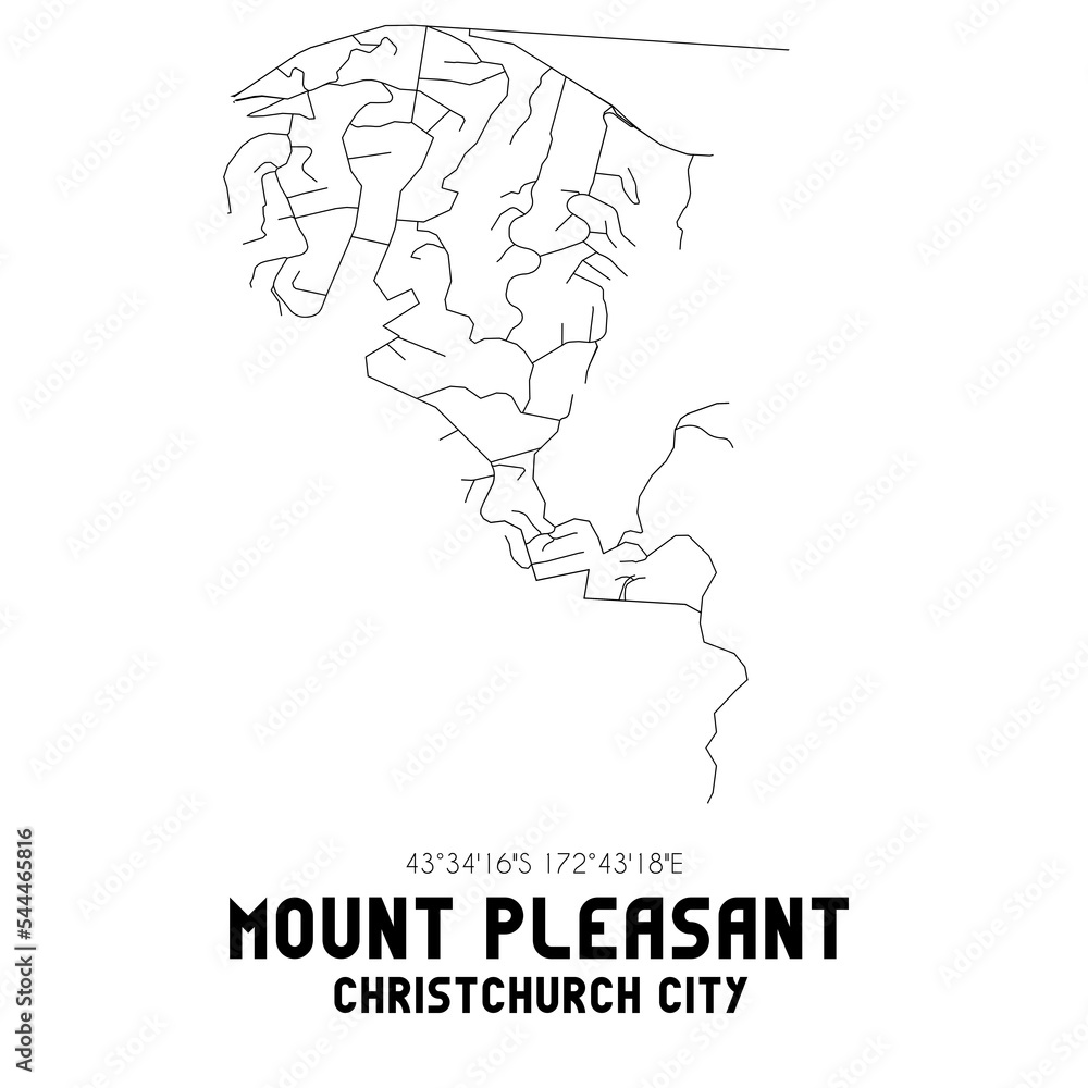 Mount Pleasant, Christchurch City, New Zealand. Minimalistic road map with black and white lines