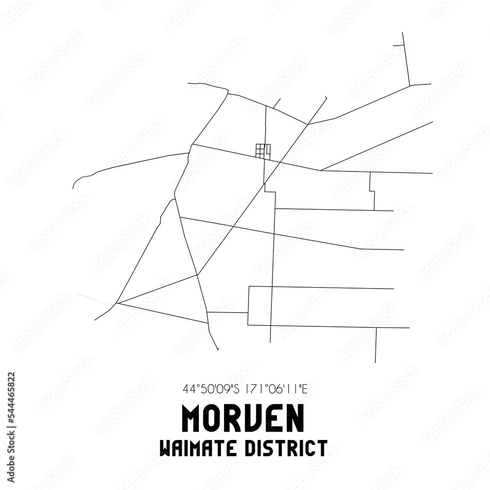 Morven, Waimate District, New Zealand. Minimalistic road map with black