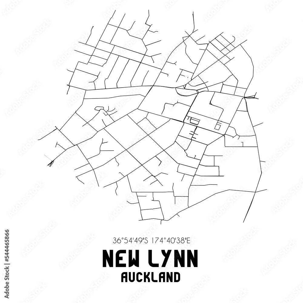 New Lynn, Auckland, New Zealand. Minimalistic road map with black and white lines