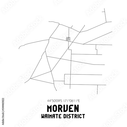 Morven, Waimate District, New Zealand. Minimalistic road map with black and white lines photo