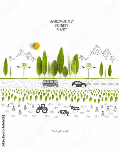 Environmentally friendly planet poster.  EV car drive along the forest and fields with with sketches of cows and harvesting tractor. Alternative sources of energy concept. Save our planet. Think Green