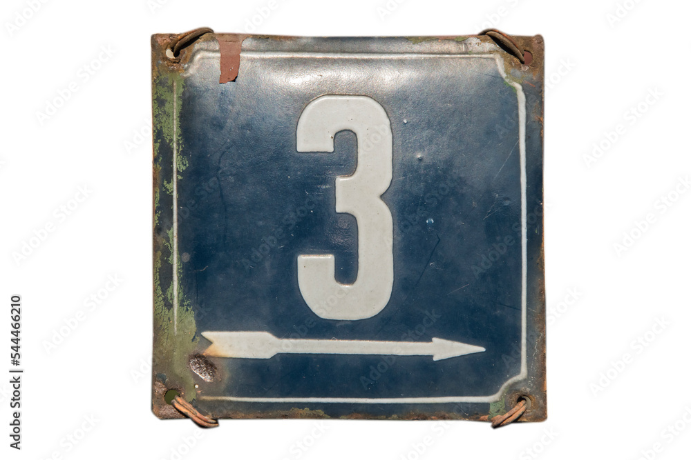 Weathered grunge square metal enameled plate of number of street address with number 3 isolated on white background Weathered grunge square metal enameled plate of number of street address with number 3 isolated on white background