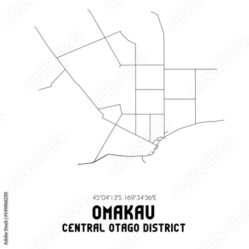 Omakau, Central Otago District, New Zealand. Minimalistic road map with black and white lines photo