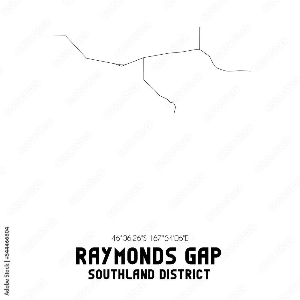 Raymonds Gap, Southland District, New Zealand. Minimalistic road map with black and white lines