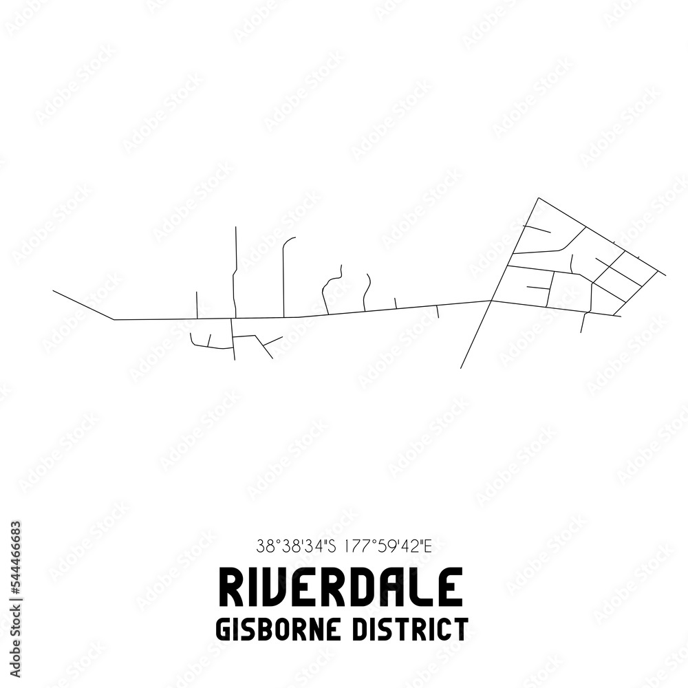 Riverdale, Gisborne District, New Zealand. Minimalistic road map with black and white lines