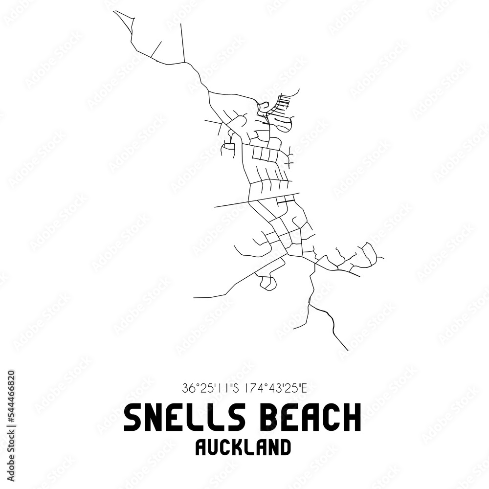 Snells Beach, Auckland, New Zealand. Minimalistic road map with black and white lines