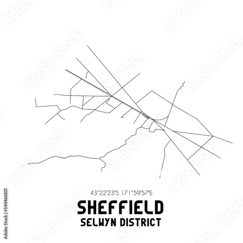 Sheffield, Selwyn District, New Zealand. Minimalistic road map with black and white lines