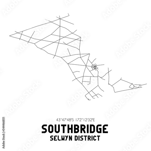 Southbridge, Selwyn District, New Zealand. Minimalistic road map with black and white lines photo