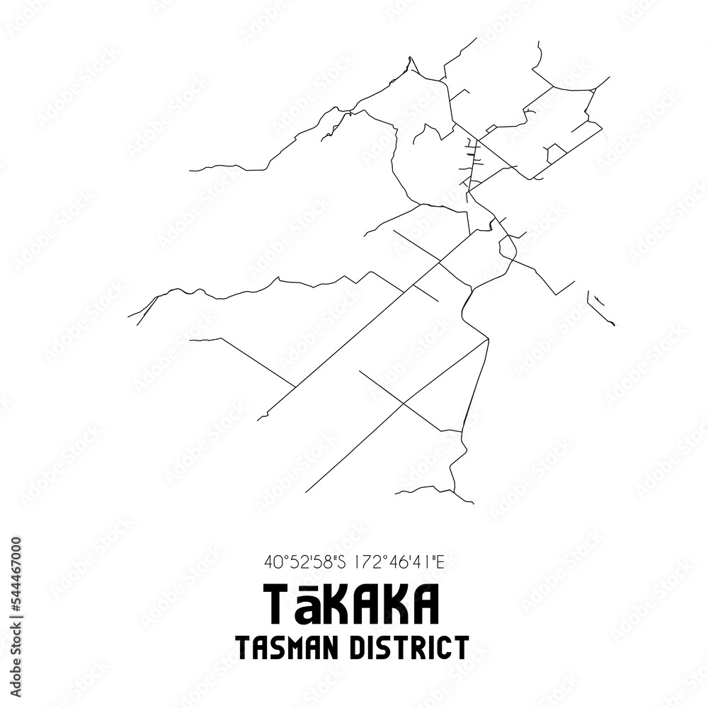 Takaka, Tasman District, New Zealand. Minimalistic road map with black and white lines