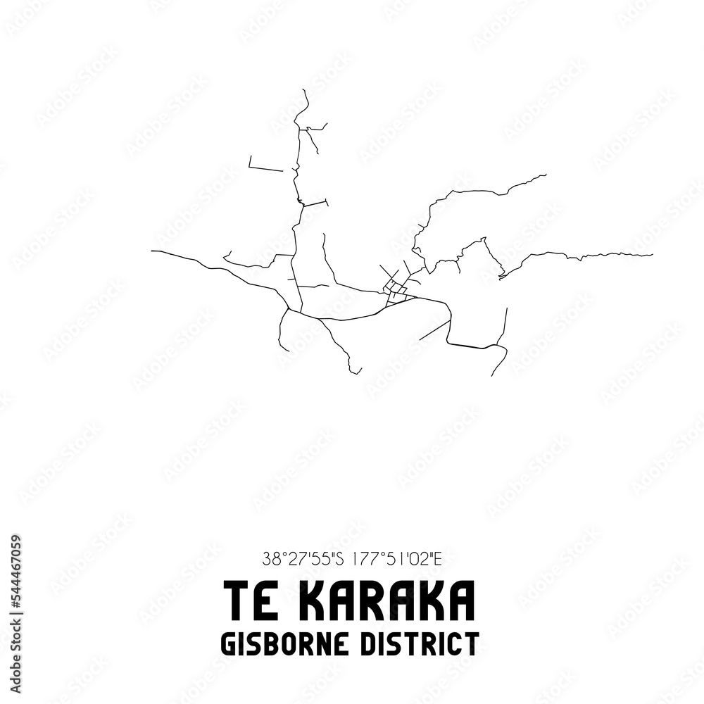 Te Karaka, Gisborne District, New Zealand. Minimalistic road map with black and white lines Te Karaka, Gisborne District, New Zealand. Minimalistic road map with black and white lines