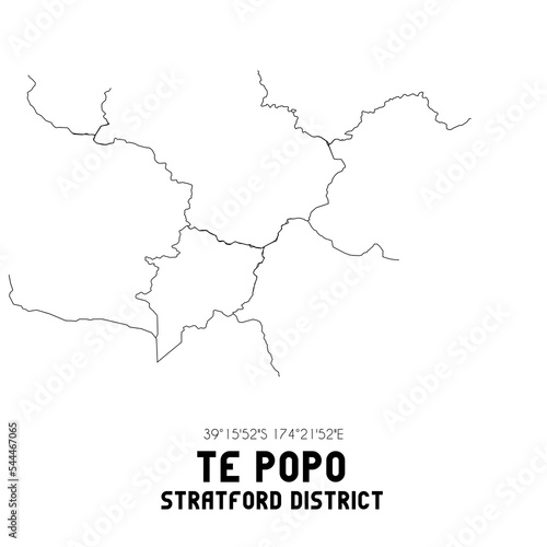 Te Popo, Stratford District, New Zealand. Minimalistic road map with black and white lines