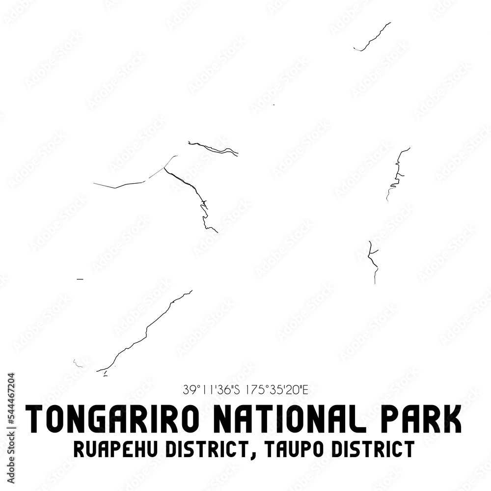 Tongariro National Park, Ruapehu District, Taupo District, New Zealand. Minimalistic road map with black and white lines