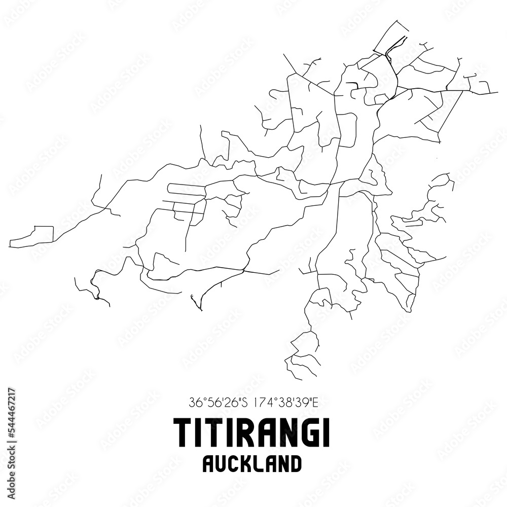 Titirangi, Auckland, New Zealand. Minimalistic road map with black and white lines