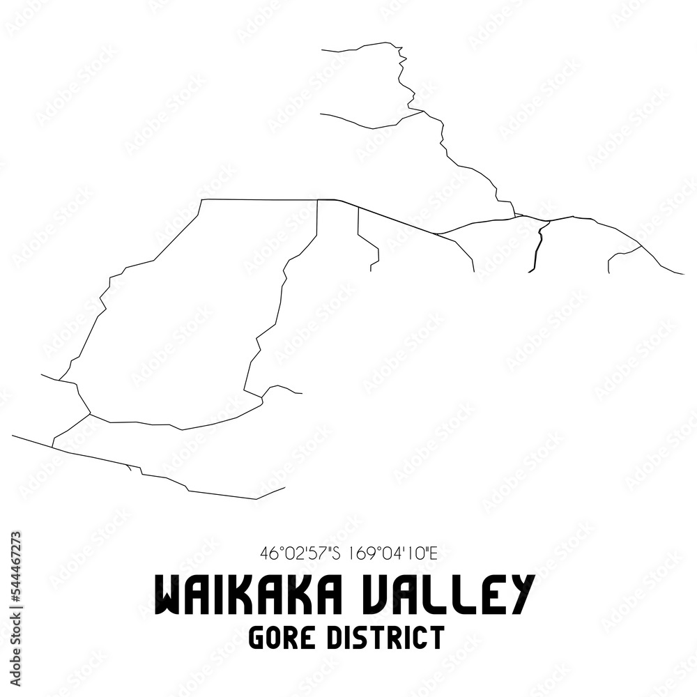 Waikaka Valley, Gore District, New Zealand. Minimalistic road map with black and white lines