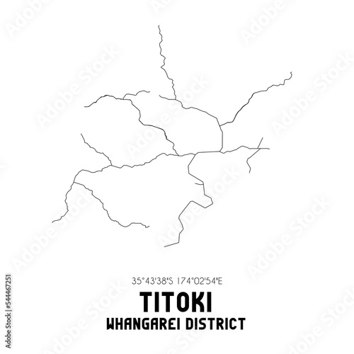 Titoki, Whangarei District, New Zealand. Minimalistic road map with black and white lines