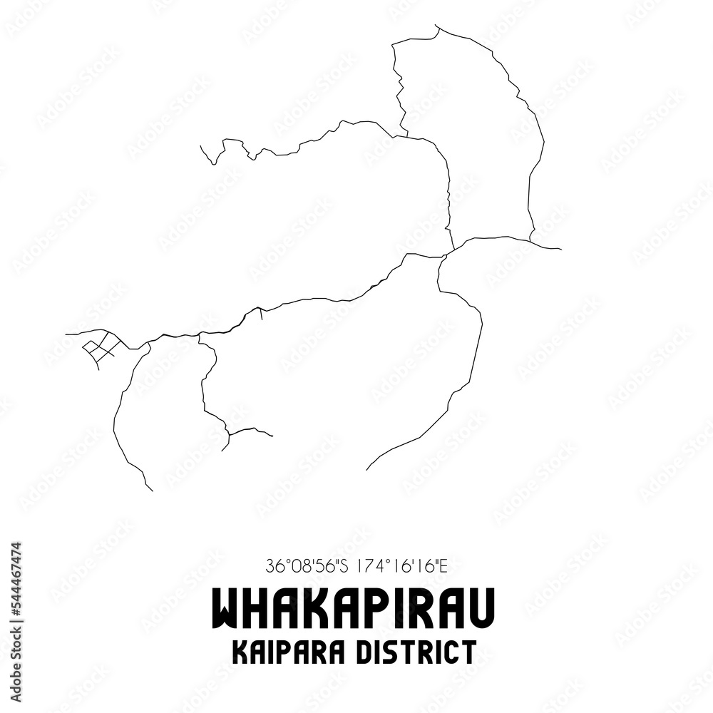 Whakapirau, Kaipara District, New Zealand. Minimalistic road map with black and white lines