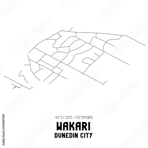 Wakari, Dunedin City, New Zealand. Minimalistic road map with black and white lines photo