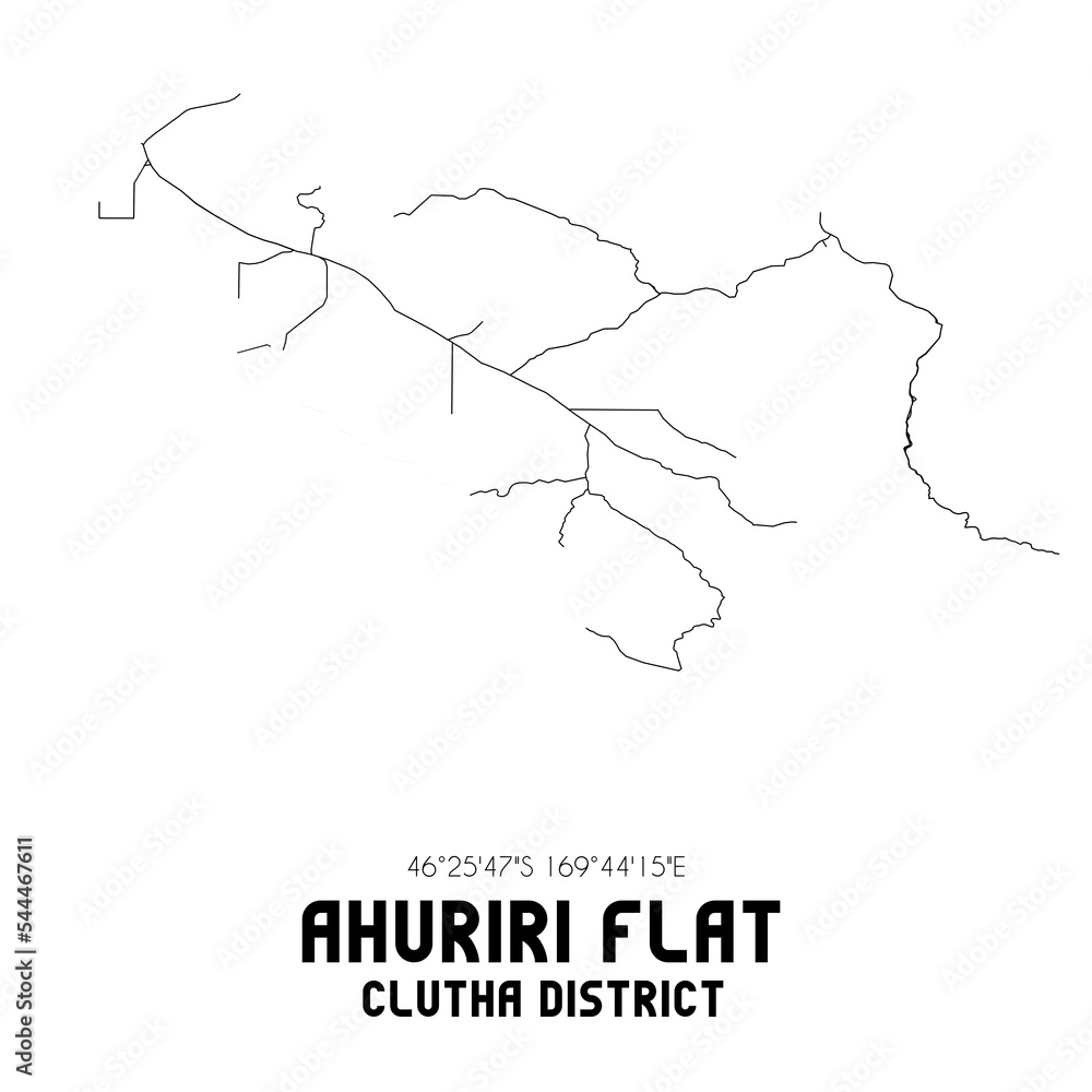 Ahuriri Flat, Clutha District, New Zealand. Minimalistic road map with black and white lines