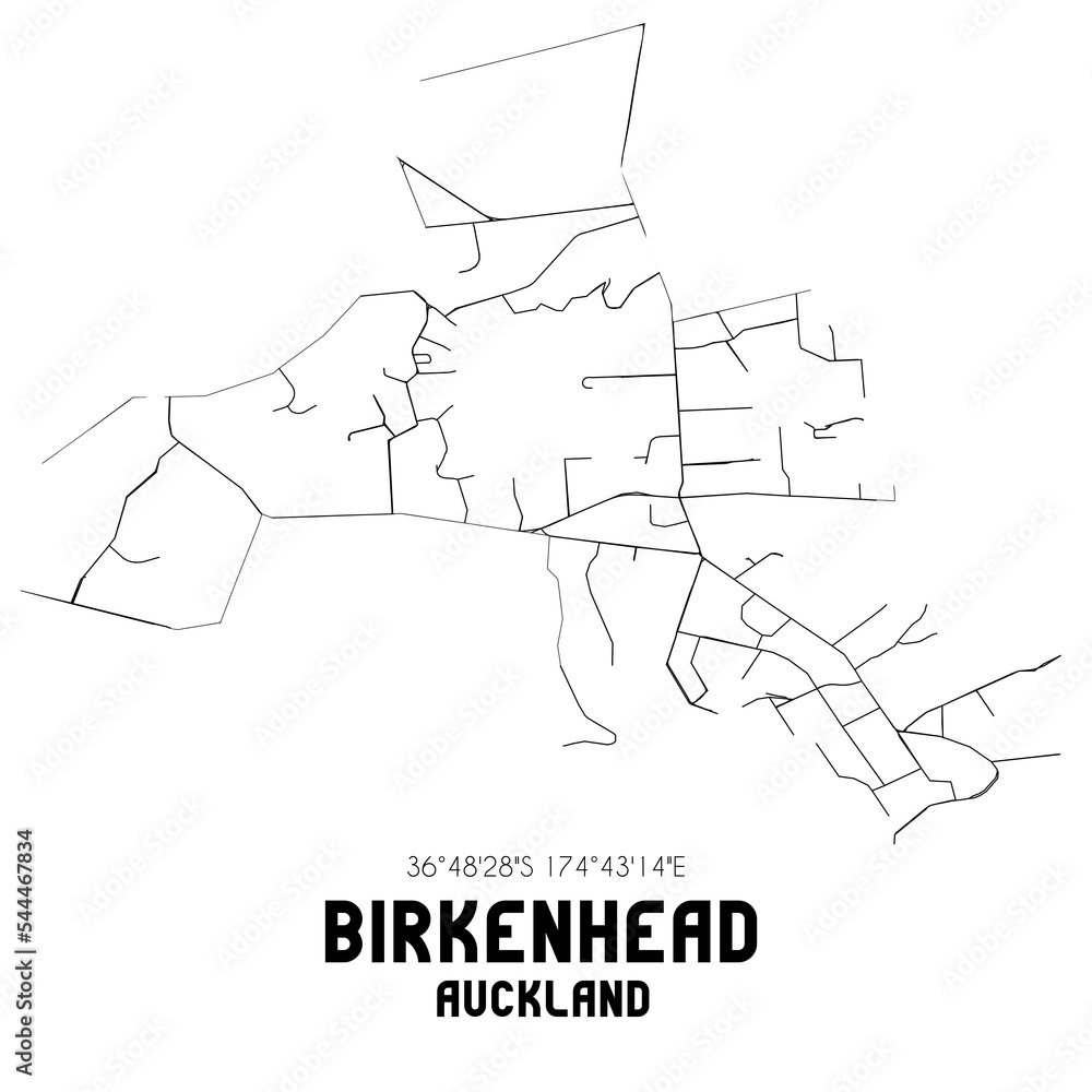 Birkenhead, Auckland, New Zealand. Minimalistic road map with black and white lines