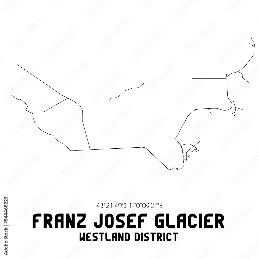 Franz Josef Glacier, Westland District, New Zealand. Minimalistic road map with black and white lines Franz Josef Glacier, Westland District, New Zealand. Minimalistic road map with black and white lines