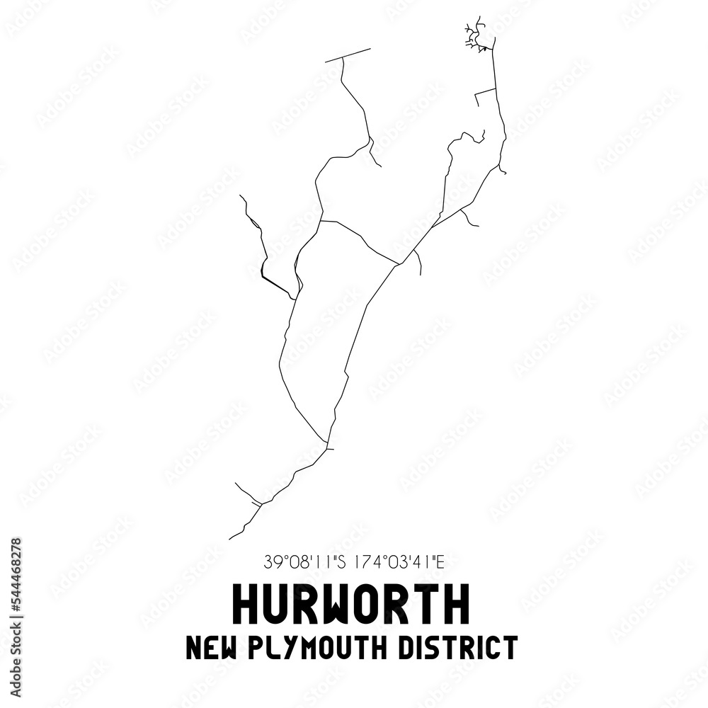 Hurworth, New Plymouth District, New Zealand. Minimalistic road map with black and white lines