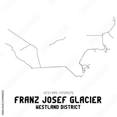 Franz Josef Glacier  Westland District  New Zealand. Minimalistic road map with black and white lines