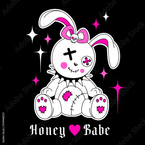 Emo goth y2k 2000s teddy bear toy with slogan "Give em hell kid". Weird gothic 00's sticker, black and pink colors. Concept of dangerous crue gothic toy. Cute scary bear with seams, patches.
