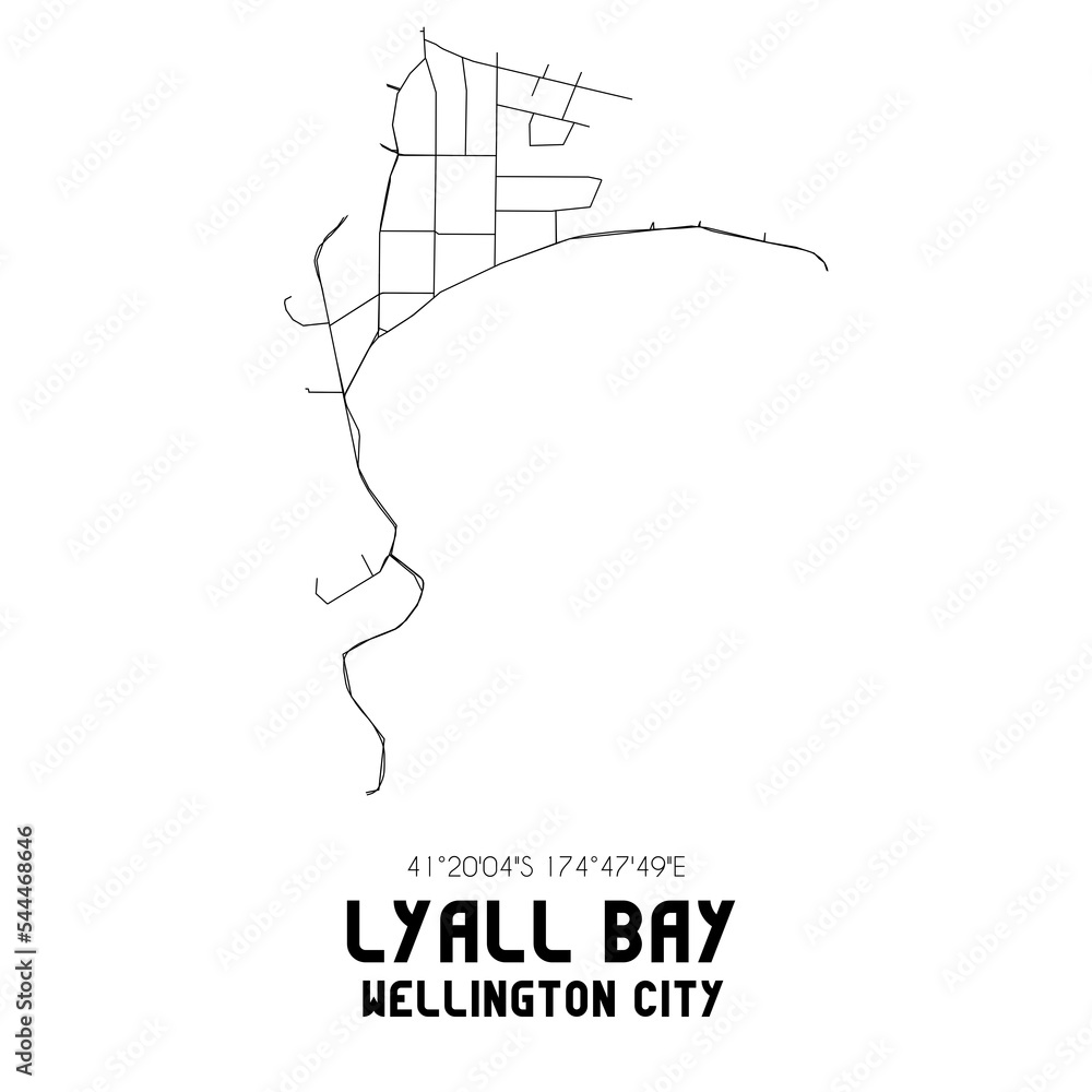 Lyall Bay, Wellington City, New Zealand. Minimalistic road map with black and white lines