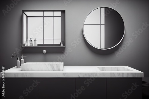 3D rendering closeup illustration of a modern vanity unit in the bathroom with round mirror on marble countertop, white square tiles wall. Morning Sunlight, Products display background, Mock up.