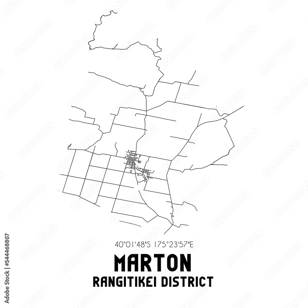Marton, Rangitikei District, New Zealand. Minimalistic road map with black and white lines
