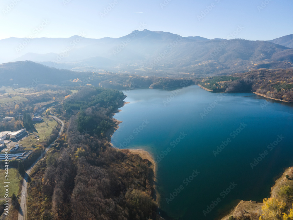 Fototapeta premium Aerial view of Srechenska Bara Reservoir, Bulgaria