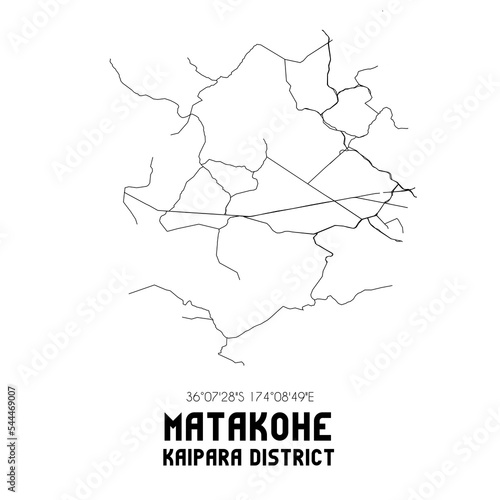 Matakohe, Kaipara District, New Zealand. Minimalistic road map with black and white lines photo