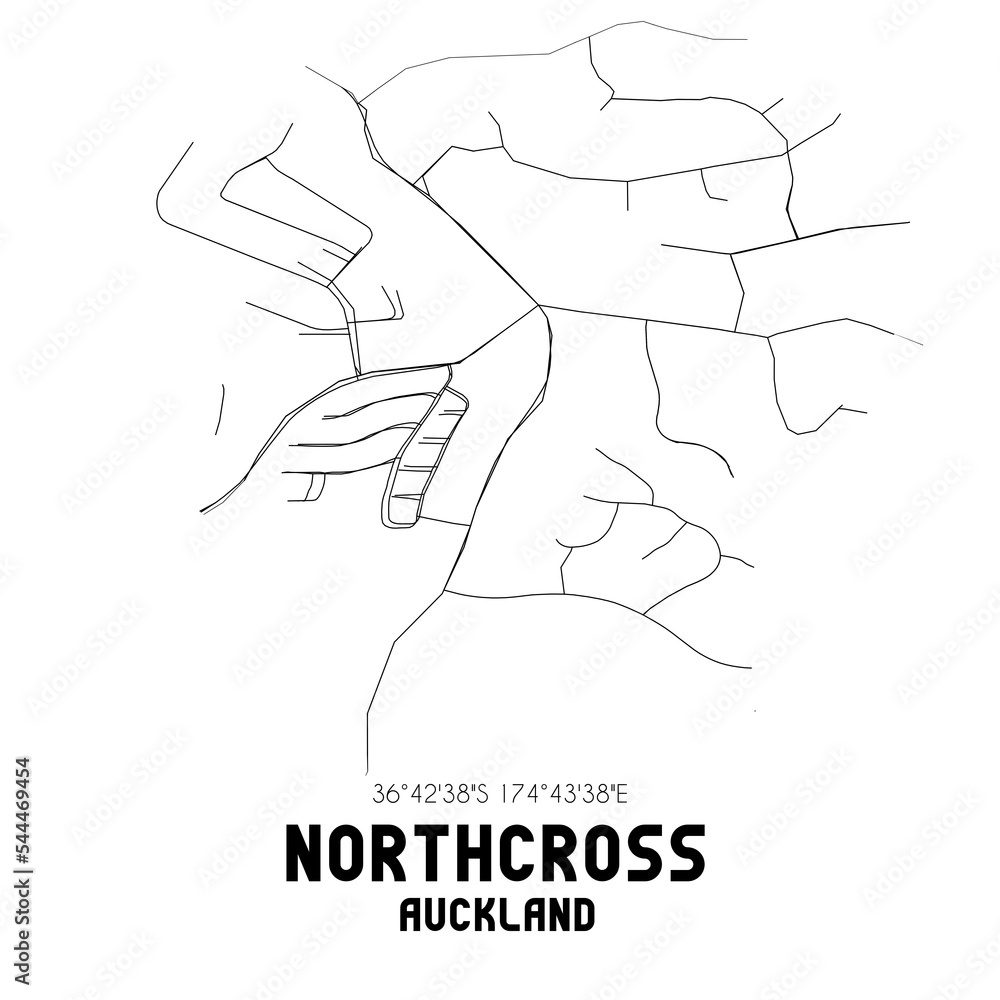 Northcross, Auckland, New Zealand. Minimalistic road map with black and white lines