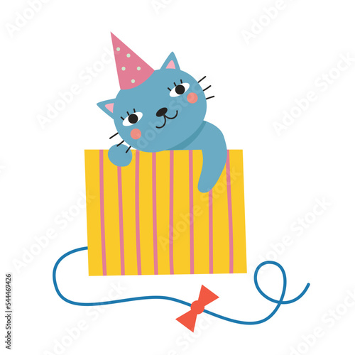 Cute cat sits in a gift box. Vector illustration