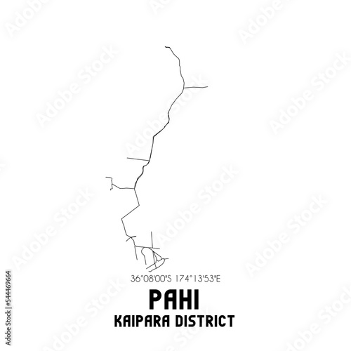Pahi, Kaipara District, New Zealand. Minimalistic road map with black and white lines