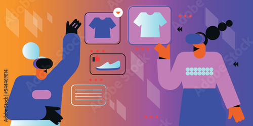 Shopping in virtual Reality. Woman in Goggles purchasing online. Metaverse flat vector illustration. Concept of future innovations.