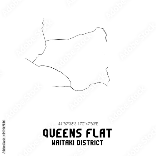 Queens Flat, Waitaki District, New Zealand. Minimalistic road map with black and white lines