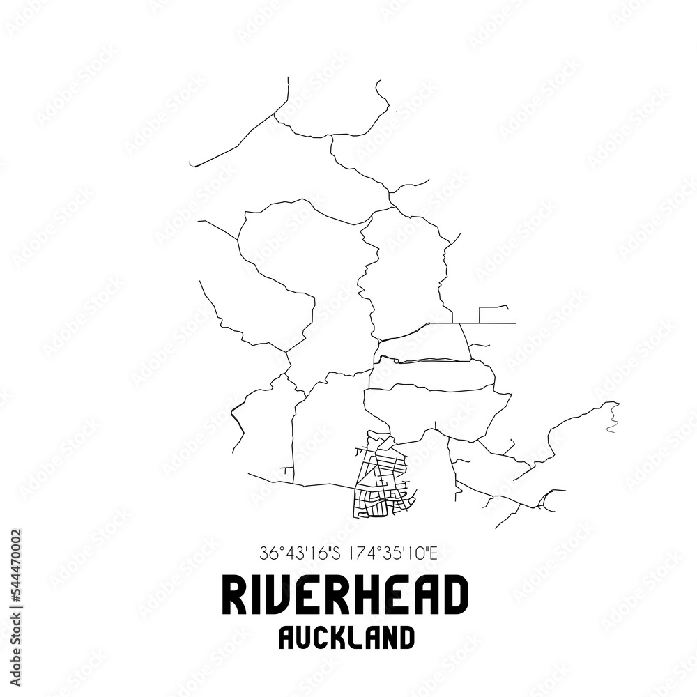 Riverhead, Auckland, New Zealand. Minimalistic road map with black and white lines