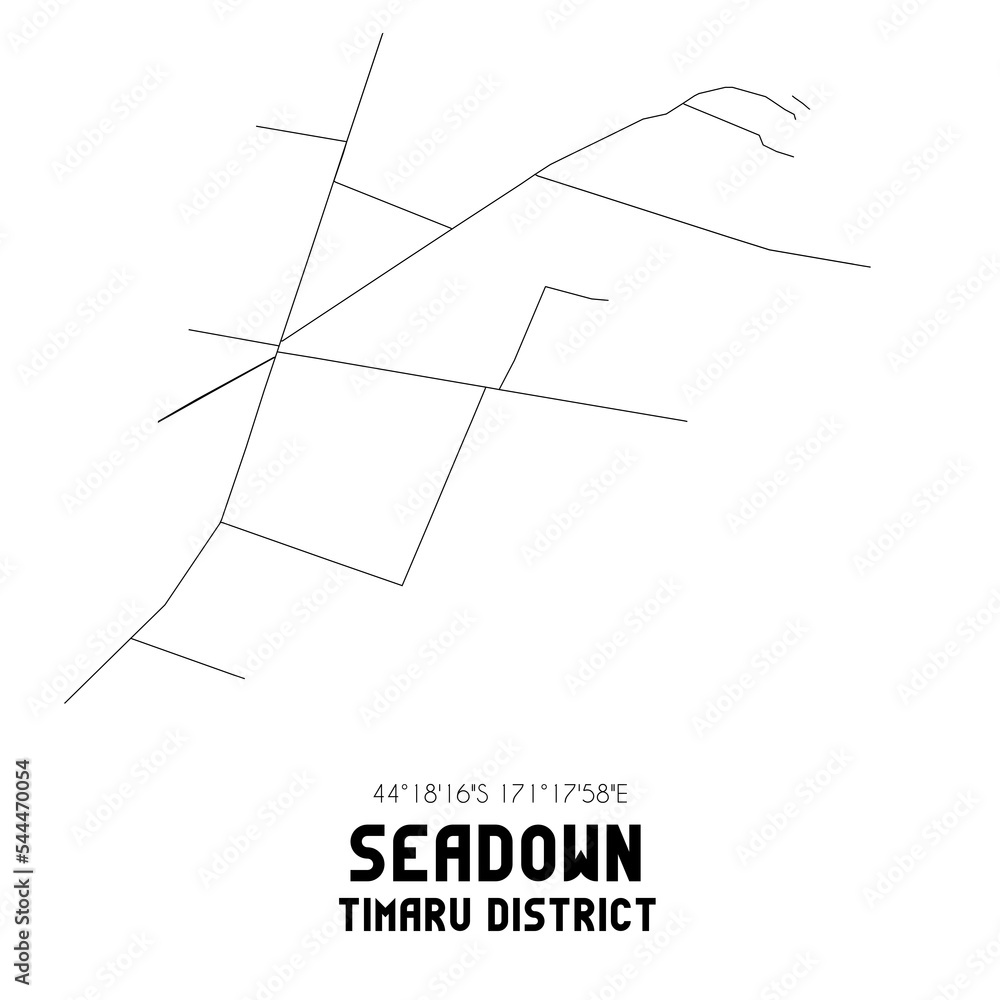 Seadown, Timaru District, New Zealand. Minimalistic road map with black